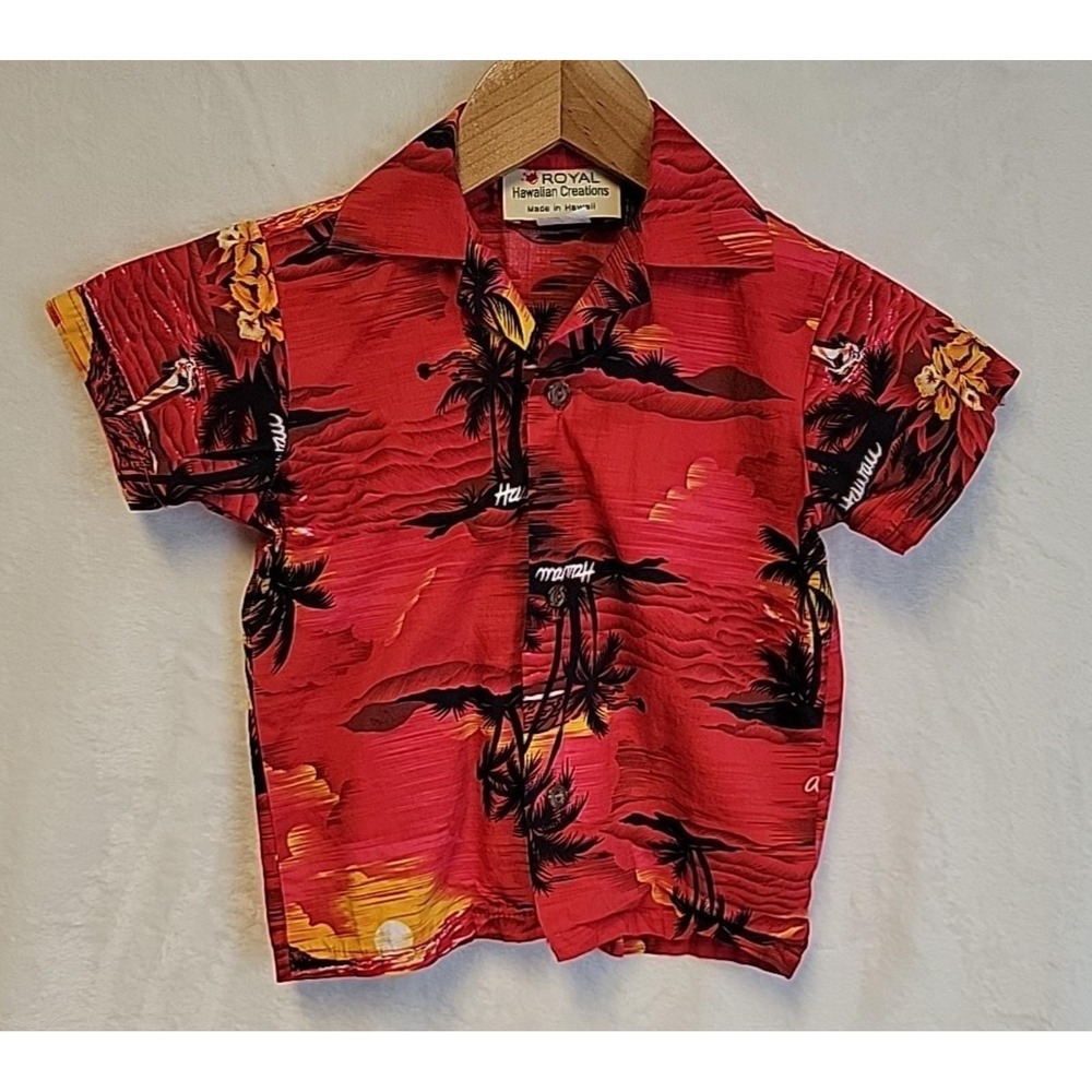 Royal Hawaiian Sunset Aloha Shirt Boys Size 4 Red Tropical Vacation Cruise Surf